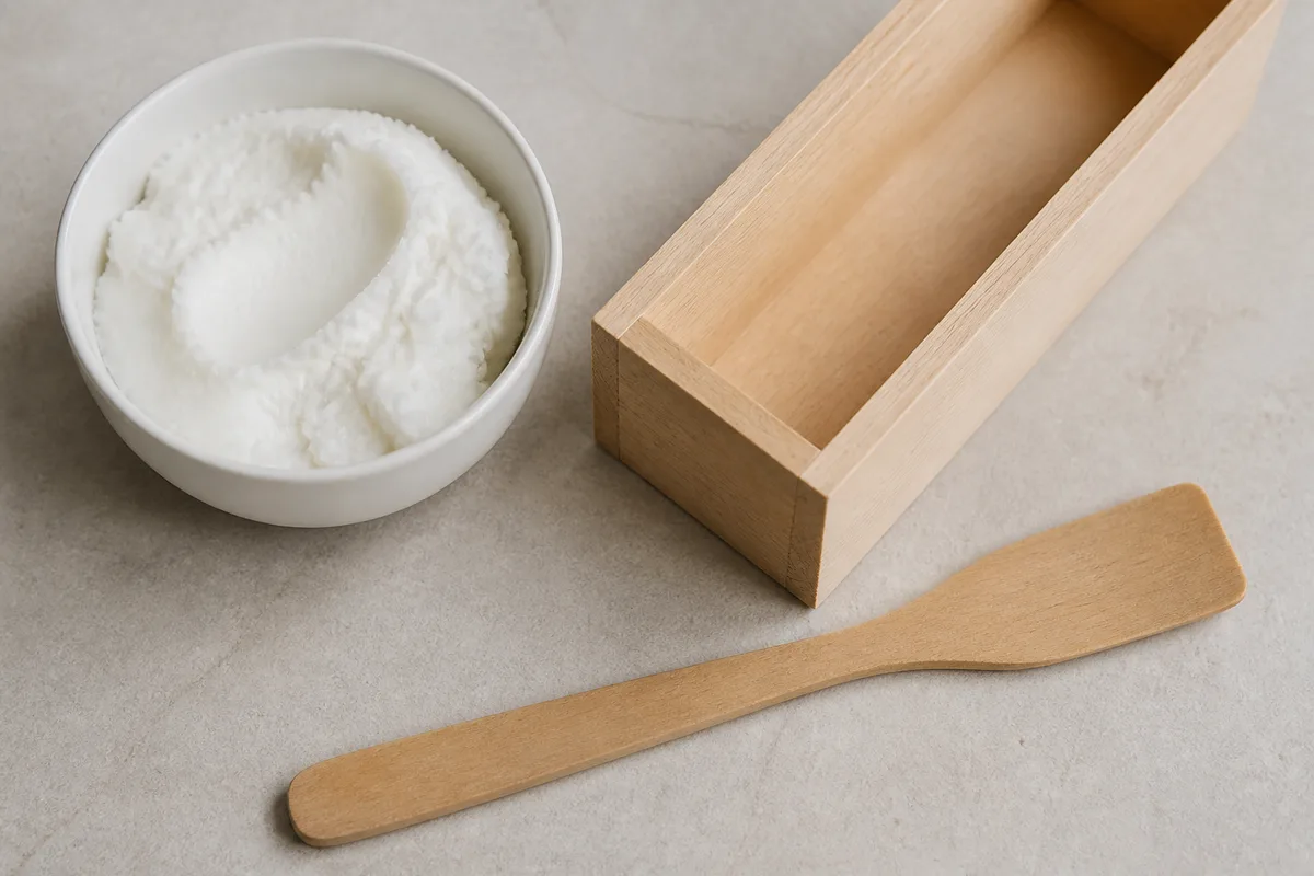 Mains d’artisan versant de l’huile de coco solide depuis un bol de céramique unie dans un moule de bois