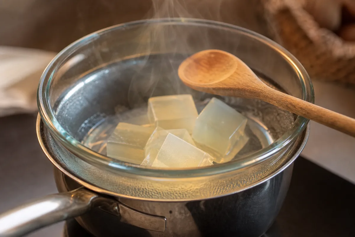 Cubes de savon translucide en train de fondre dans un bol posé sur une casserole d&rsquo;eau frémissante