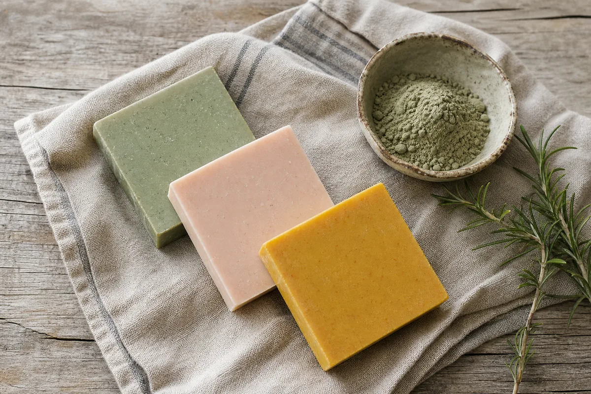 Trois pains de savon colorés démoulés posés sur un torchon de lin à côté d&rsquo;un bol d&rsquo;argile