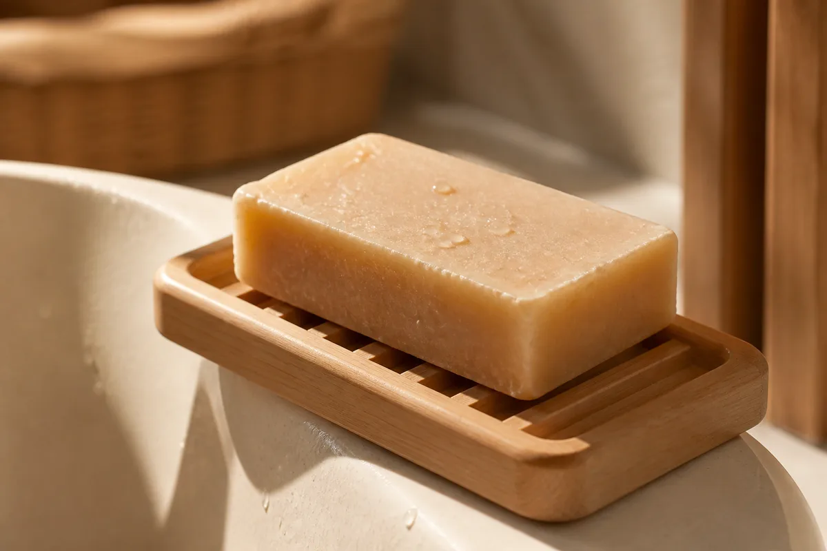 Pain de savon artisanal beige posé sur un porte-savon en bois clair près d&rsquo;une vasque en céramique, lumière douce du matin